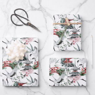 Feuille De Papier Cadeau Pogoda japonais, pont, grues et fleurs