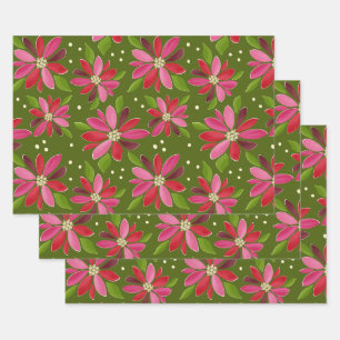 Feuille De Papier Cadeau Poinsettia cadeau vert emballage 3 pack