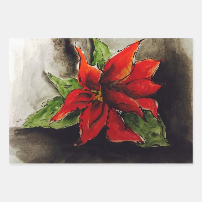 Feuille De Papier Cadeau Poinsettia de Noël (Devant)