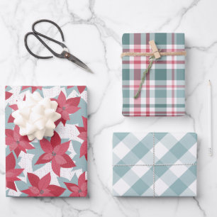 Feuille De Papier Cadeau Poinsettia moderne de Noël Plaid