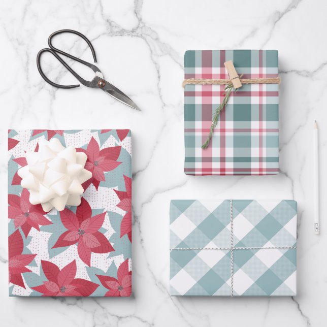 Feuille De Papier Cadeau Poinsettia moderne de Noël Plaid (Recto)