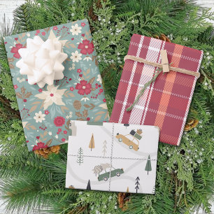 Feuille De Papier Cadeau Poinsettia Plaid hiver Noël traditionnel