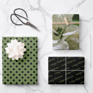 Feuille De Papier Cadeau Poinsettia Polka Noir Vert Joyeux Noël