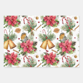 Feuille De Papier Cadeau Poinsettia, robin, cloches, bougies, mûre rouge
