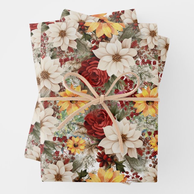 Feuille De Papier Cadeau Poinsettias blancs & Fleurs de soleil Noël (En situation)