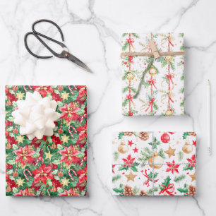 Feuille De Papier Cadeau Poinsettias et ornements de Noël