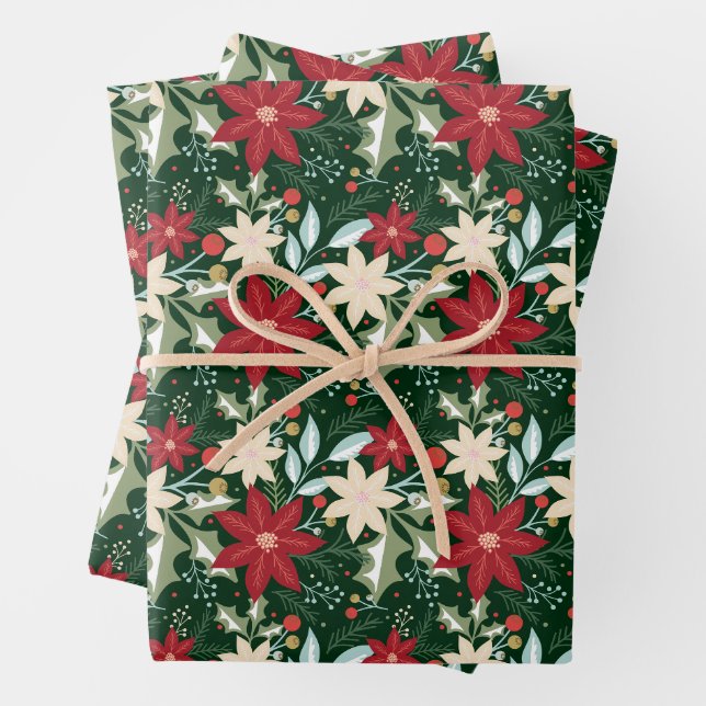Feuille De Papier Cadeau Poinsettias Fête de Noël Florale (En situation)