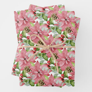 Feuille De Papier Cadeau Poinsettias roses et pins
