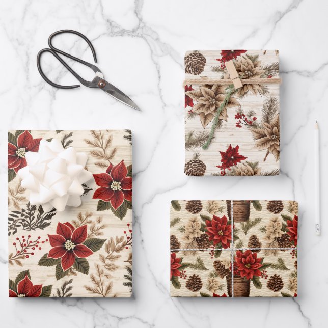 Feuille De Papier Cadeau Poinsettias rouges (Recto)