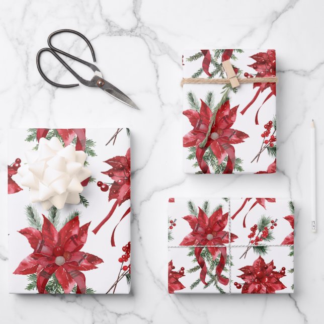 Feuille De Papier Cadeau Poinsettias Rouges Et Vaches (Recto)