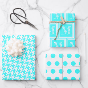 Feuille De Papier Cadeau Point Polka de Monogramme Turquoise Houndstooth