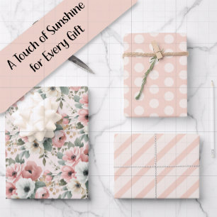 Feuille De Papier Cadeau Points blancs aquarelle rose rayé