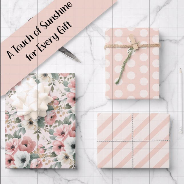Feuille De Papier Cadeau Points blancs aquarelle rose rayé (Pink watercolor floral, pink and cream polka dots, and pink and cream-colored stripes gift wrap)