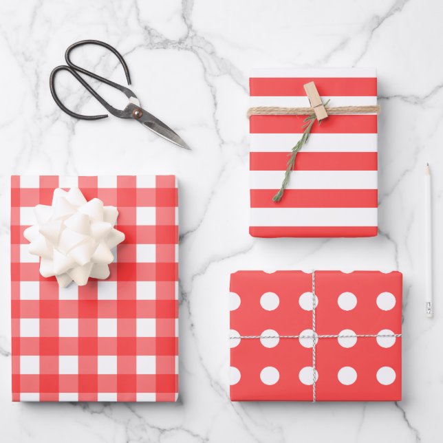 Feuille De Papier Cadeau Points En vichy blanc rouge framboise (Recto)