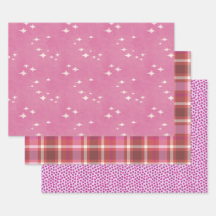 Feuille De Papier Cadeau Points roses chauds, étoiles et plaid