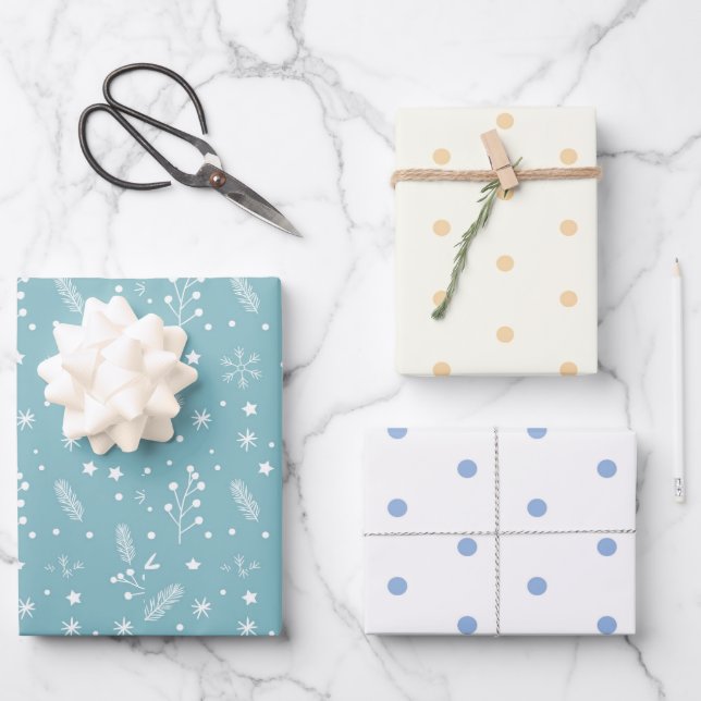 Feuille De Papier Cadeau Pois Bleus & Blancs, Flakes Bleus, Étoiles (Recto)