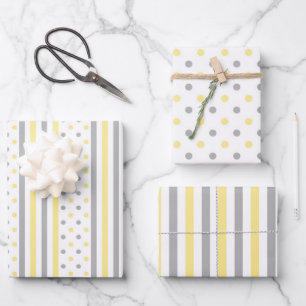 Feuille De Papier Cadeau pois et rayures jaunes et gris mignons