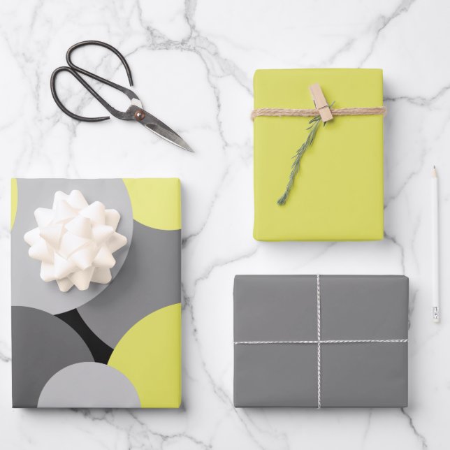 Feuille De Papier Cadeau Pois jaunes et gris (Recto)