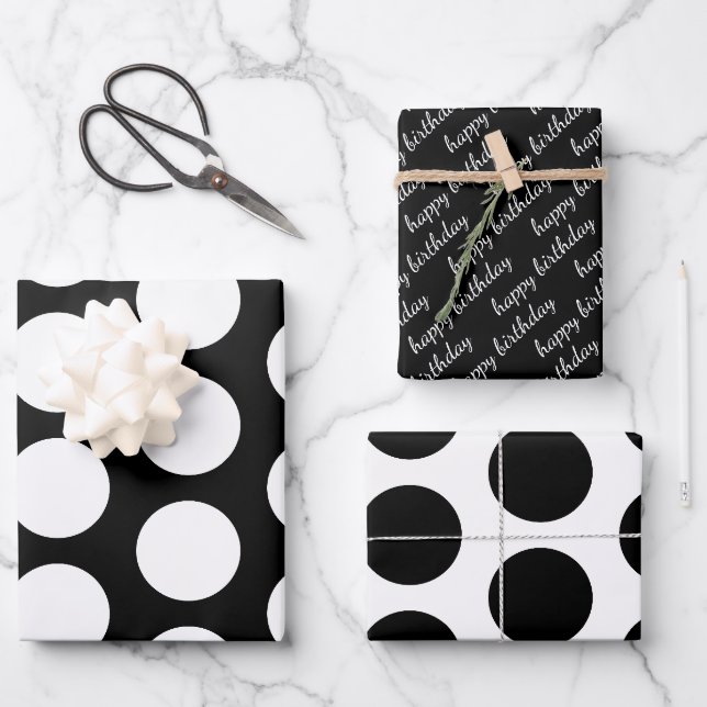 Feuille De Papier Cadeau Pois noirs et blancs Joyeux anniversaire (Recto)