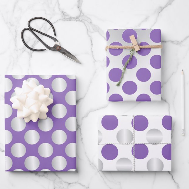 Feuille De Papier Cadeau Pois pourpres et argentés (Recto)