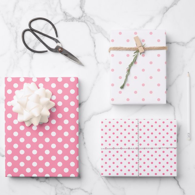 Feuille De Papier Cadeau Pois roses et blancs (Recto)