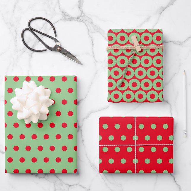 Feuille De Papier Cadeau Pois rouges verts minimaux simples (Recto)