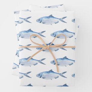 Feuille De Papier Cadeau Poisson Bleu Aquarelle Côtière