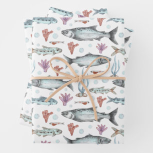 Feuille De Papier Cadeau Poisson de l'océan à l'aquarelle, corail et algues