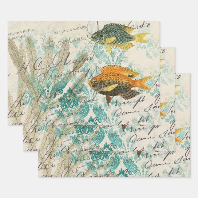 Feuille De Papier Cadeau Poisson et algues avec écriture (Lot)