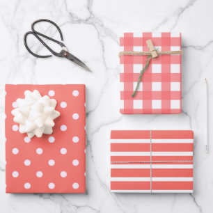 Feuille De Papier Cadeau Polka Dots, Stripes and Gingham Patterns à Coral