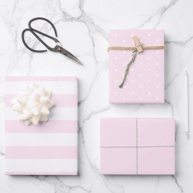 Feuille De Papier Cadeau Polka rose pâle point large rayé et solide (Recto)
