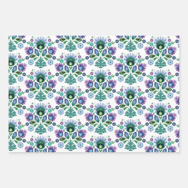 Feuille De Papier Cadeau Polonais Art Fleur Bleu clair (Devant)