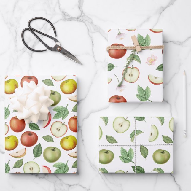 Feuille De Papier Cadeau Pommes rouge vert et jaune (Recto)