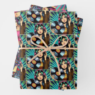 Feuille De Papier Cadeau Pop Art Comic Style Anniversaire Fille Musique Amo