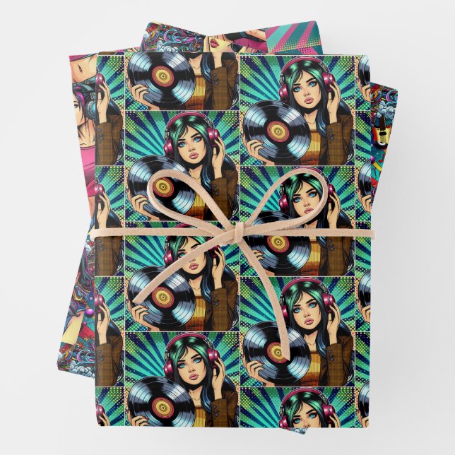 Feuille De Papier Cadeau Pop Art Comic Style Anniversaire Fille Musique Amo (En situation)