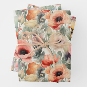 FEUILLE DE PAPIER CADEAU POPIES EN COULEUR D'EAU