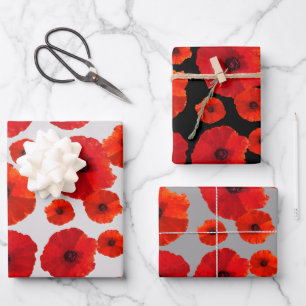 Feuille De Papier Cadeau Poppies rouges sur Black n Grey