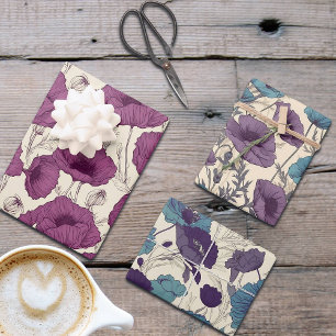 Feuille De Papier Cadeau Poppies vintages en violet et Turquoise