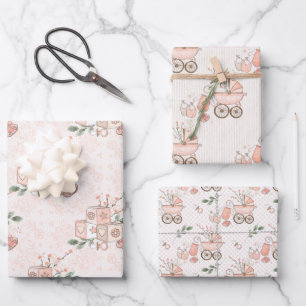 Feuille De Papier Cadeau Porte-bébé rose et jouets
