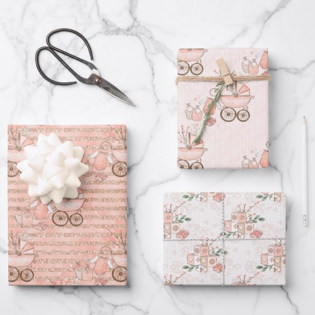 Feuille De Papier Cadeau Porte-bébé rose et jouets (Recto)