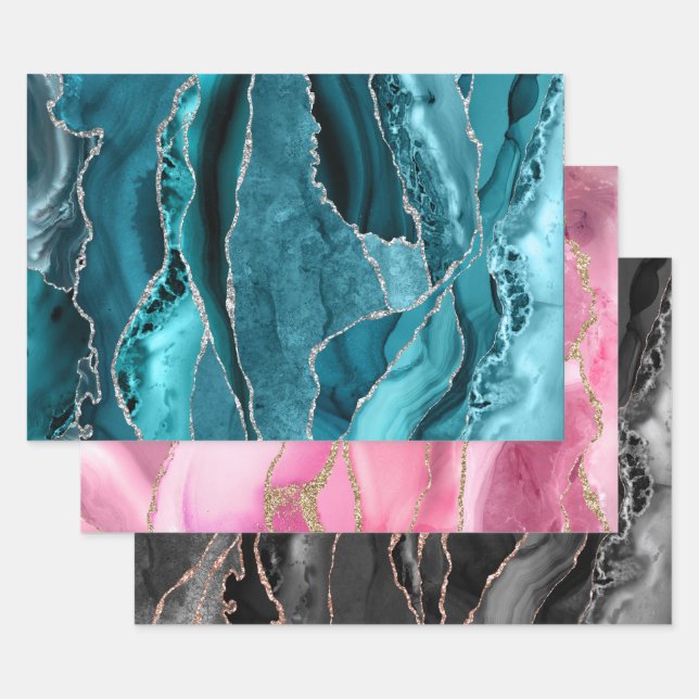 Feuille De Papier Cadeau Porte noire rose turquoise (Lot)