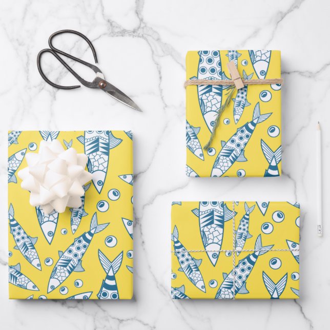 Feuille De Papier Cadeau Portugais Lisbonne Sardines Motif Azulejos Jaune (Recto)