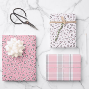 Feuille De Papier Cadeau Pots de léopard gris rose et Plaid