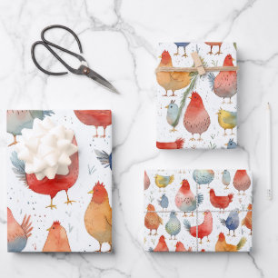 Feuille De Papier Cadeau Poulet Aquarelle Silly Anniversaire 3 Cadeau