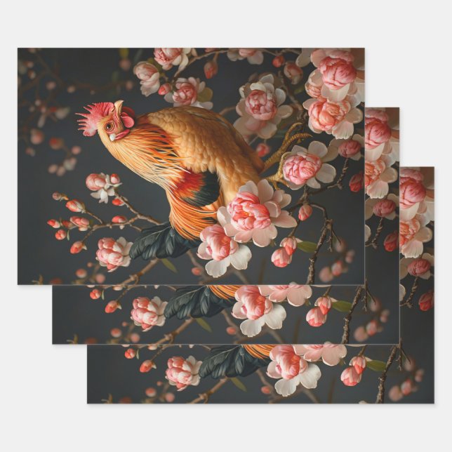 Feuille De Papier Cadeau Poulet entouré de fleurs roses Découpage (Lot)