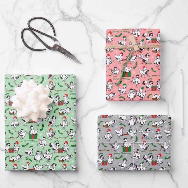 Feuille De Papier Cadeau Poulets de Noël (Recto)