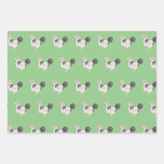 Feuille De Papier Cadeau Poulets Et Coqs  (Devant)