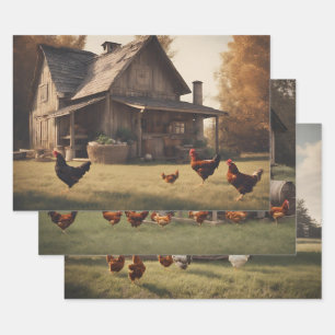 Feuille De Papier Cadeau Poulets rustiques