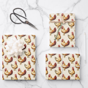 Feuille De Papier Cadeau Poulets sur l'ivoire