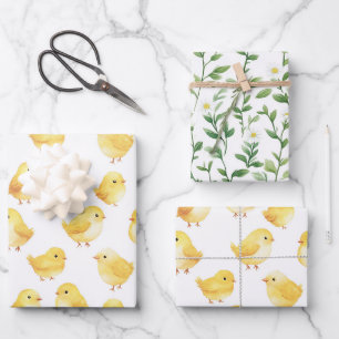 Feuille De Papier Cadeau Poulettes Jaunes Fête de Bébé Fleur de Daisy